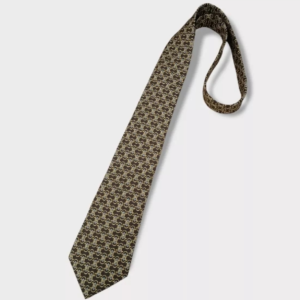 CELINE Brown Monogram Logo Silk LUXURY Tie SPAIN